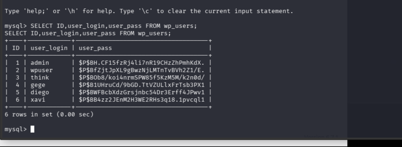 WordPress usernames and phpass password hashes queried from the database